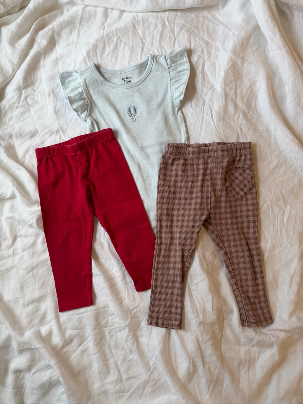Zara Plaid Girls' Leggings, TCP Red Leggings, Carter’s Onesie 18months